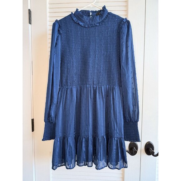 Lulus Dresses & Skirts - Lulus Blue Smocked Ruffle Long Sleeve Mini Dress XL Swiss Dot Sheer Sleeves